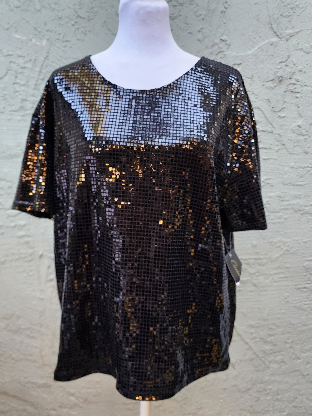 Candid Soul Black Sequin Short Sleeve Top Large L Shiny Shimmer Party Blouse